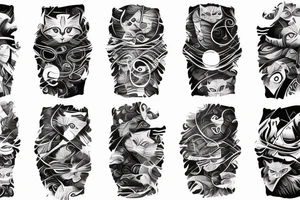 hand Sleeve which is an Abstract style of Smoke mask, cat, mountains tattoo idea