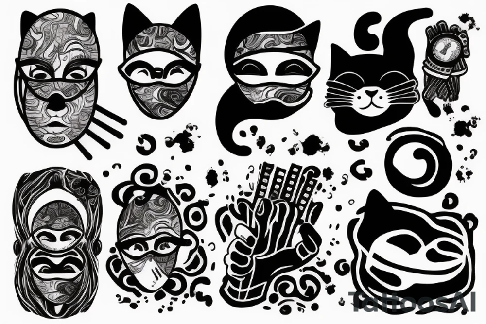 Hand Sleeve with a person wearing a smoke mask, a cat and 4 match sticks tattoo idea