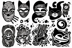 Hand Sleeve with a person wearing a smoke mask, a cat and 4 match sticks tattoo idea
