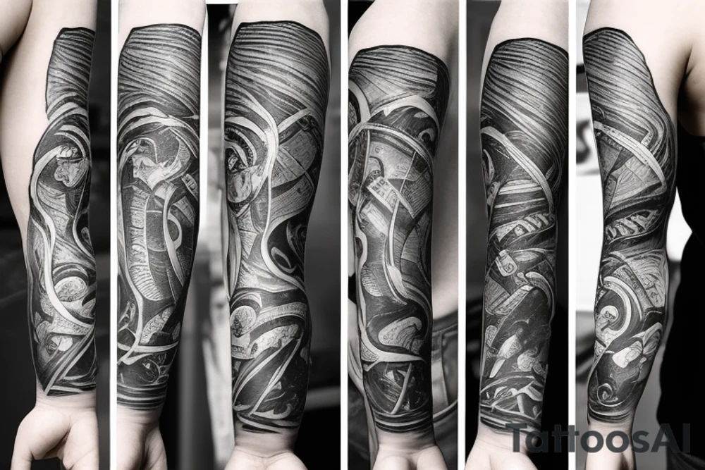 Hand Sleeve with a person wearing a smoke mask, a cat and 4 match sticks tattoo idea