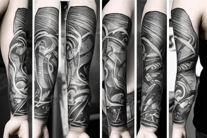 Hand Sleeve with a person wearing a smoke mask, a cat and 4 match sticks tattoo idea