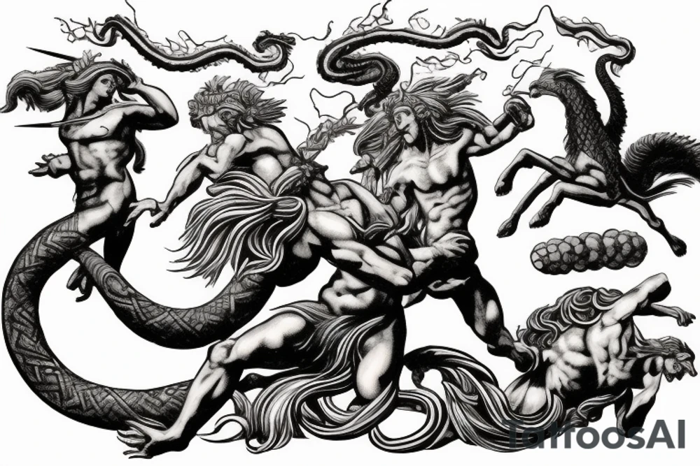 Zeus and hades fighting with Medusa in the background. Include a flying pegasus, fire and water tattoo idea