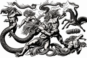 Zeus and hades fighting with Medusa in the background. Include a flying pegasus, fire and water tattoo idea