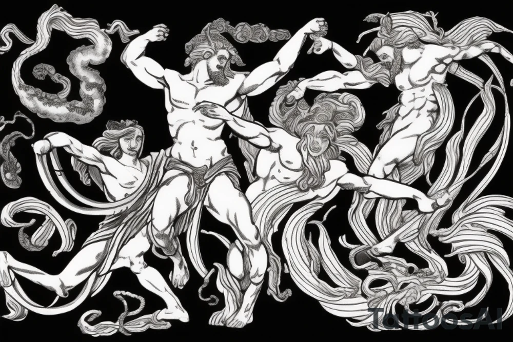 Zeus and hades fighting with Medusa in the background. Include a flying pegasus, fire and water tattoo idea