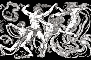 Zeus and hades fighting with Medusa in the background. Include a flying pegasus, fire and water tattoo idea