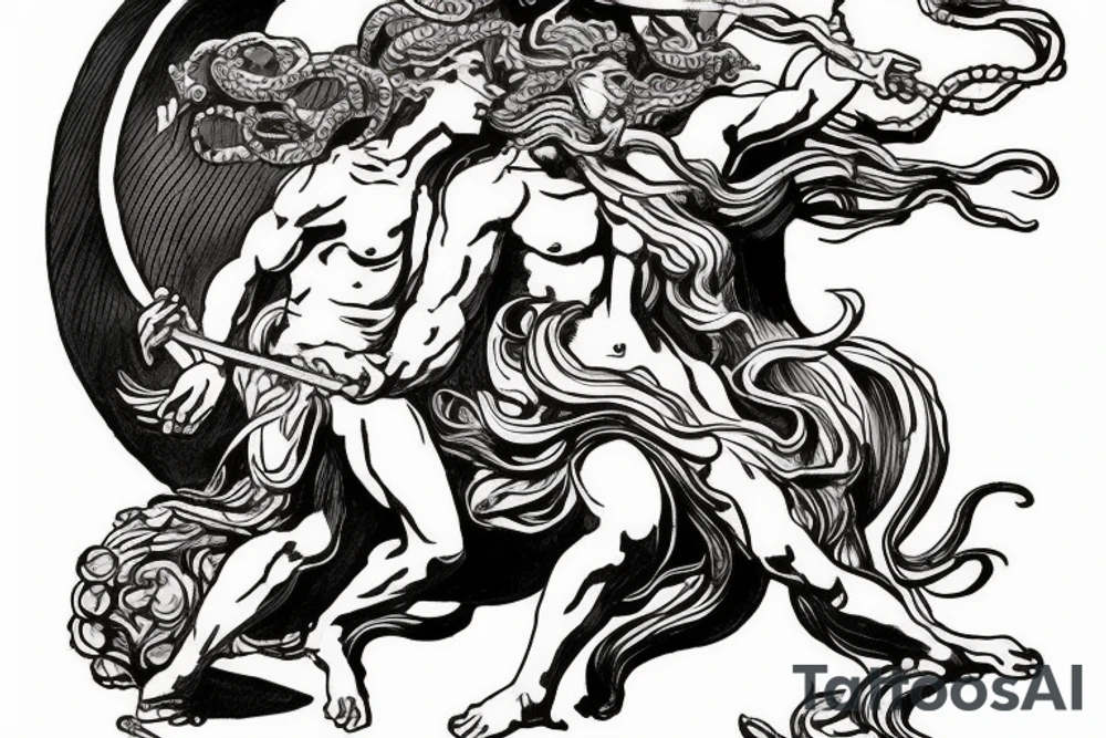 Zeus and hades fighting with Medusa in the background. Include a flying pegasus, fire and water tattoo idea