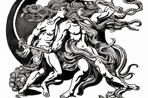 Zeus and hades fighting with Medusa in the background. Include a flying pegasus, fire and water tattoo idea