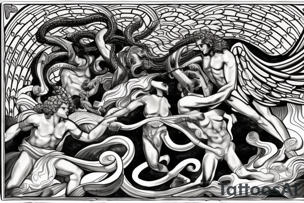 Zeus and hades fighting with Medusa in the background. Include a flying pegasus, fire and water tattoo idea