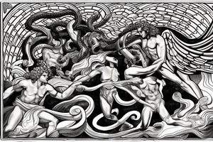 Zeus and hades fighting with Medusa in the background. Include a flying pegasus, fire and water tattoo idea
