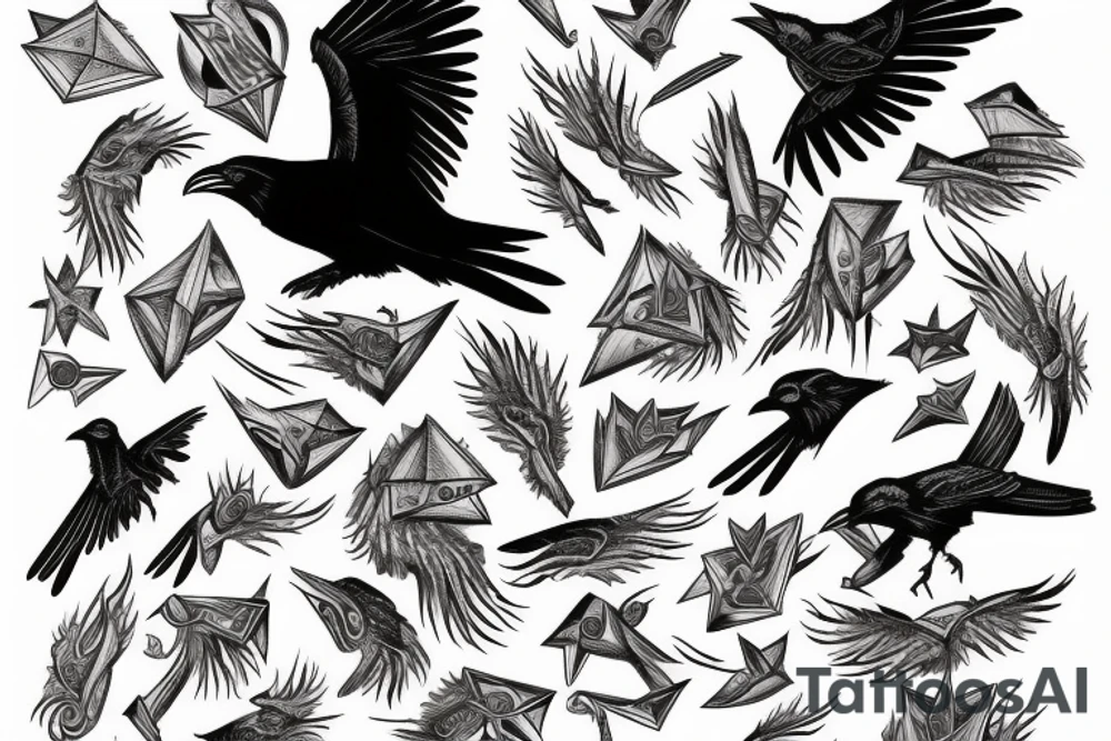 A raven flying out a ace of dimonds in the crown of a tree tattoo idea