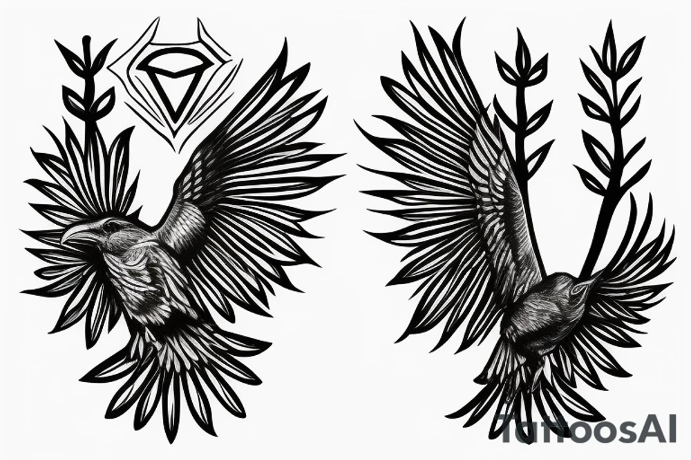 A raven flying out a ace of diamonds in the crown of a tree tattoo idea