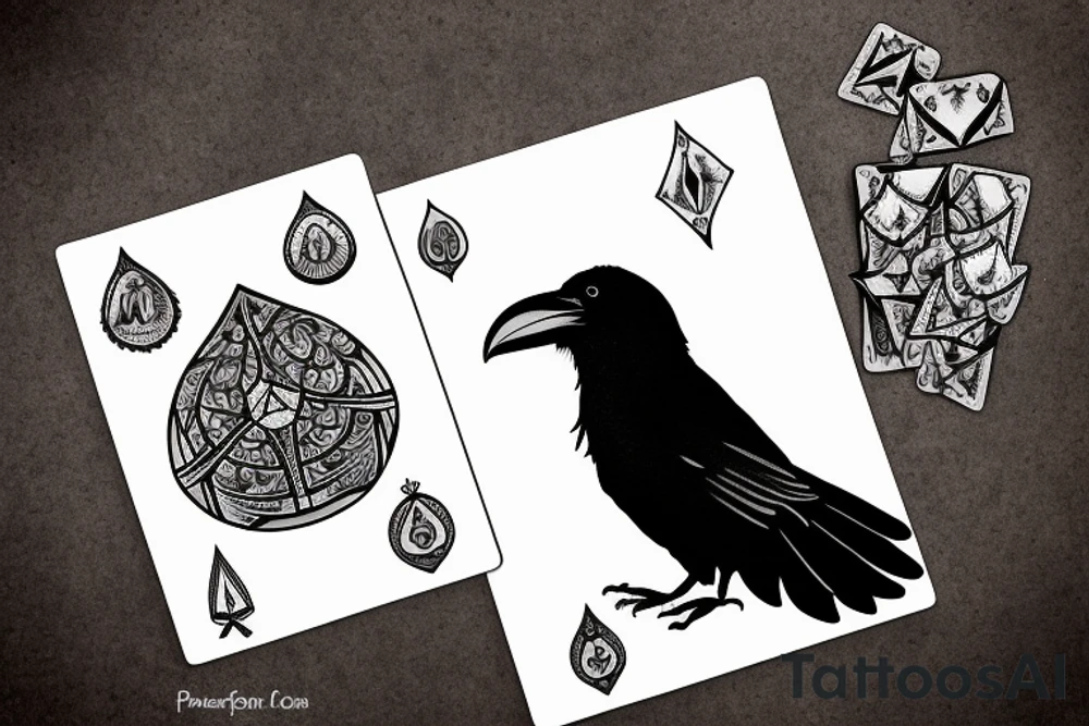 A raven flying out a ace of diamonds in the crown of a tree tattoo idea