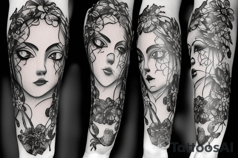 Gothic building with female face and flowers tattoo idea