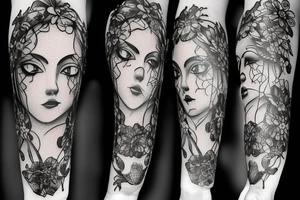 Gothic building with female face and flowers tattoo idea