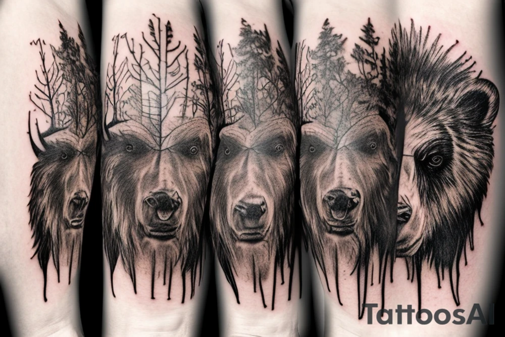 Full arm sleeve, bison head with flames coming out of eyes, tree roots, compass eye and forest scene with grizzly bears tattoo idea