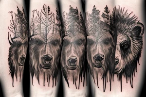Full arm sleeve, bison head with flames coming out of eyes, tree roots, compass eye and forest scene with grizzly bears tattoo idea