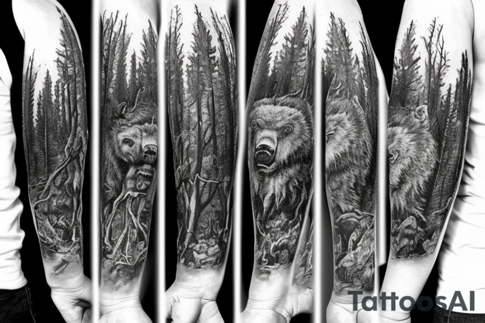 Full arm sleeve, bison head with flames coming out of eyes, tree roots, compass eye and forest scene with grizzly bears tattoo idea