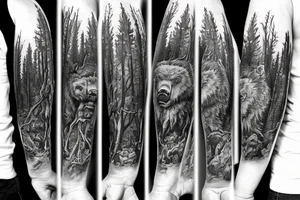 Full arm sleeve, bison head with flames coming out of eyes, tree roots, compass eye and forest scene with grizzly bears tattoo idea