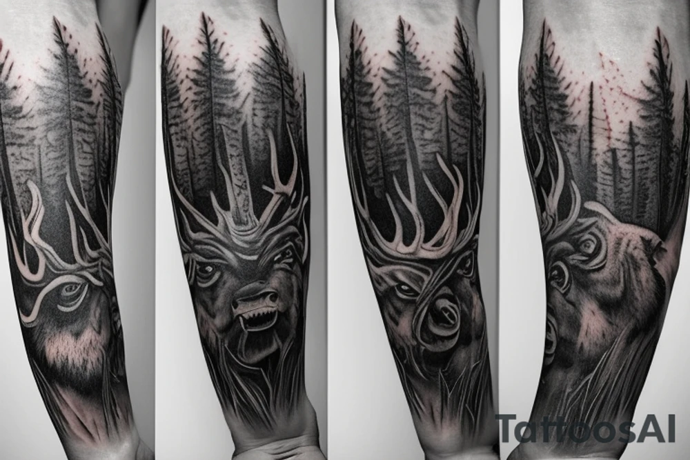 Full arm sleeve, bison head with flames coming out of eyes, tree roots, forest scebe tattoo idea