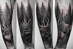 Full arm sleeve, bison head with flames coming out of eyes, tree roots, forest scebe tattoo idea