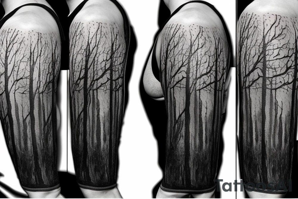 Full arm sleeve, bison head with flames coming out of eyes, tree roots, forest scebe tattoo idea