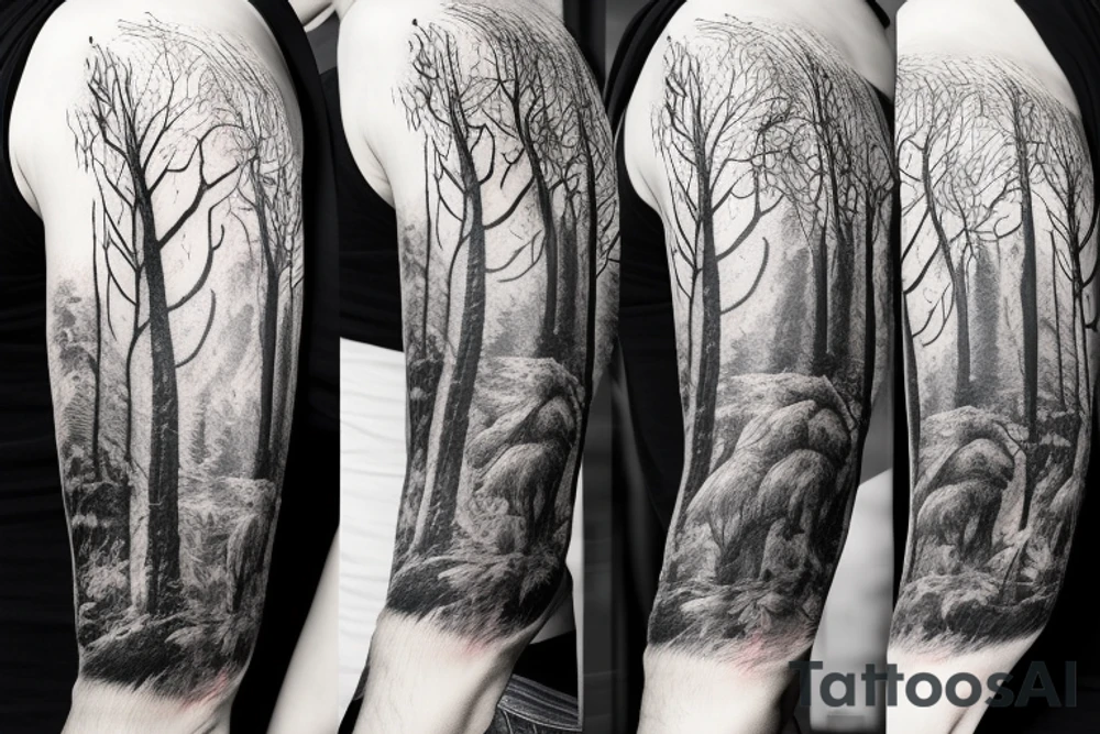 Full arm sleeve, bison head with flames coming out of it’s eyes, tree roots, forest scene tattoo idea