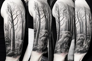 Full arm sleeve, bison head with flames coming out of it’s eyes, tree roots, forest scene tattoo idea