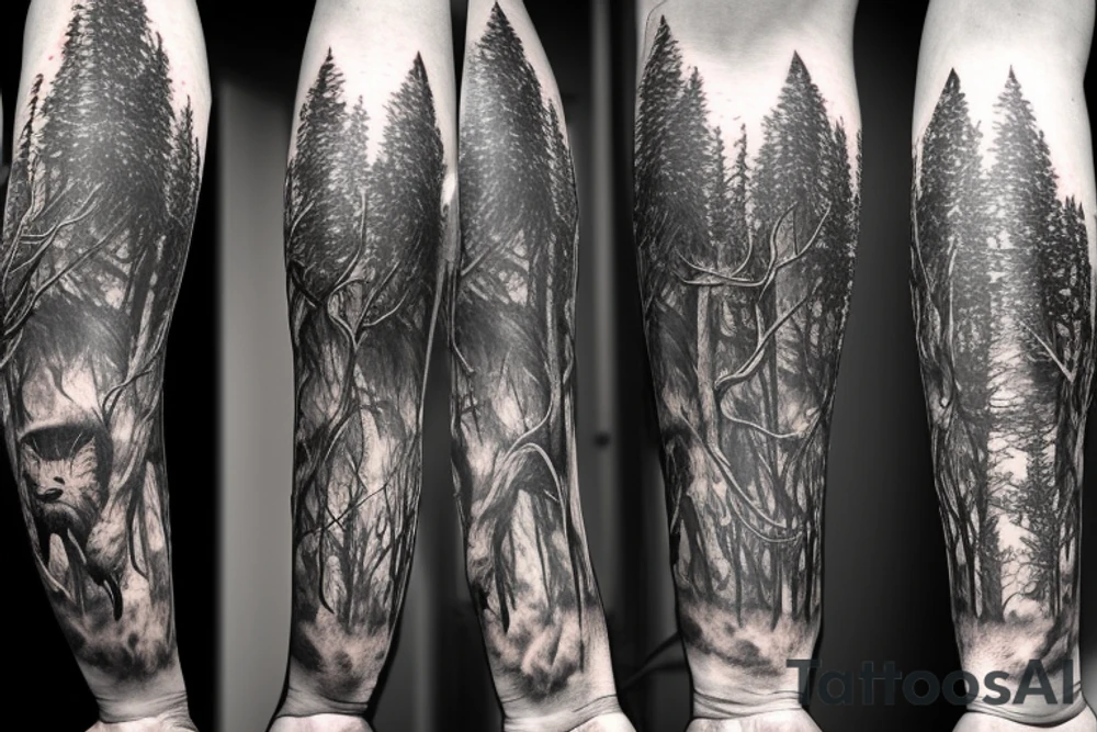Full arm sleeve, bison head with flames coming out of it’s eyes, tree roots, forest scene tattoo idea