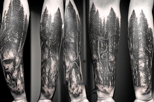 Full arm sleeve, bison head with flames coming out of it’s eyes, tree roots, forest scene tattoo idea