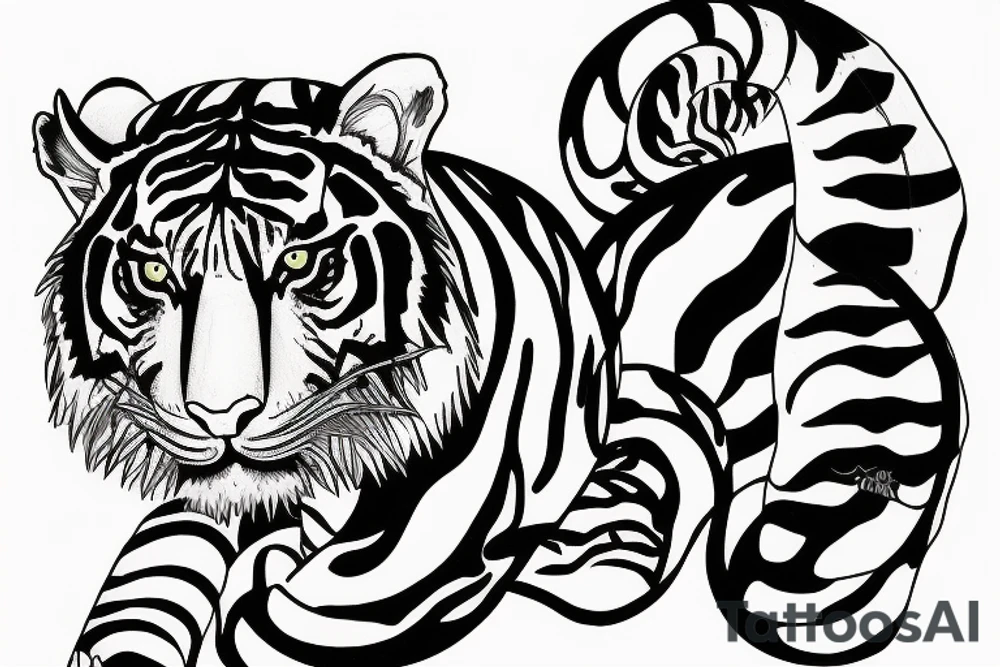 Realistic Tiger and snake in a forest or jungle tattoo idea