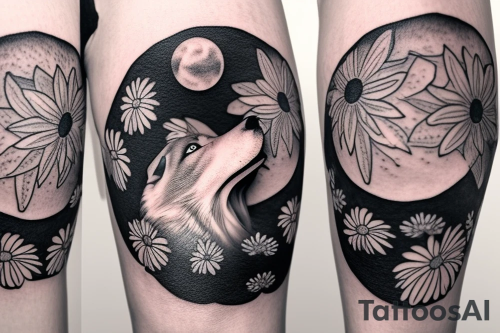 Wolf howling to the moon out of a daisy tattoo idea