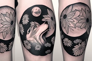 Wolf howling to the moon out of a daisy tattoo idea