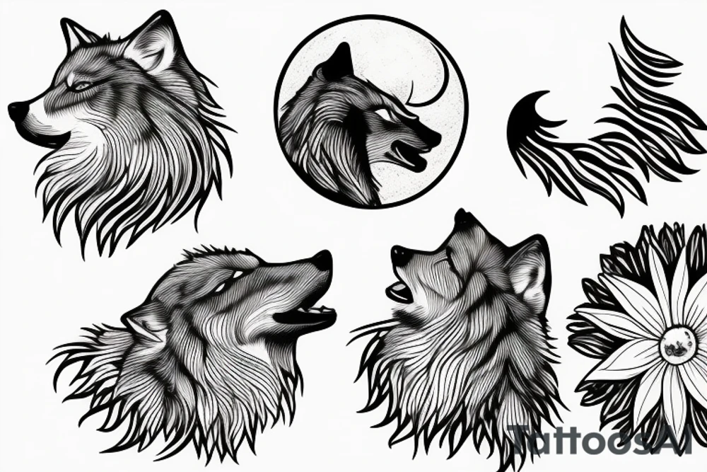 Wolf howling to the moon out of a daisy tattoo idea