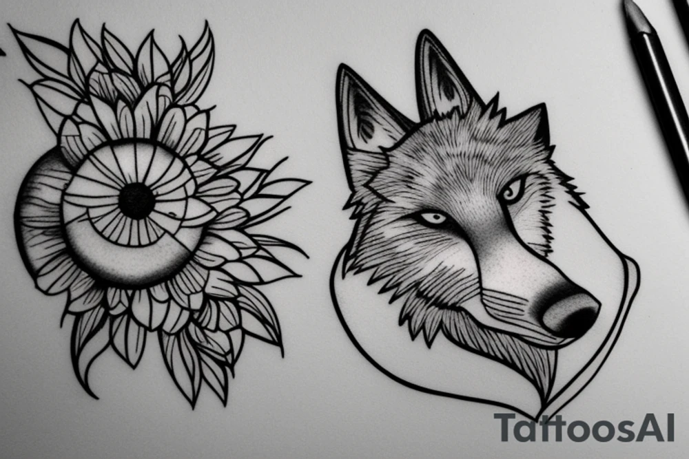 Wolf howling to the moon out of a daisy just outline tattoo idea
