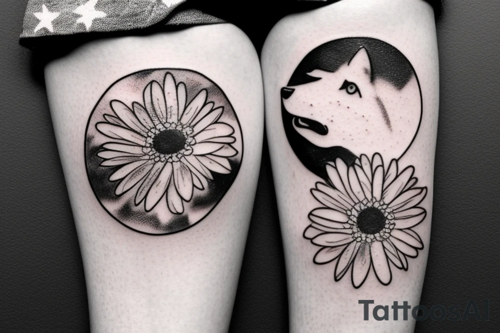 Wolf howling to the moon out of a daisy just outline tattoo idea