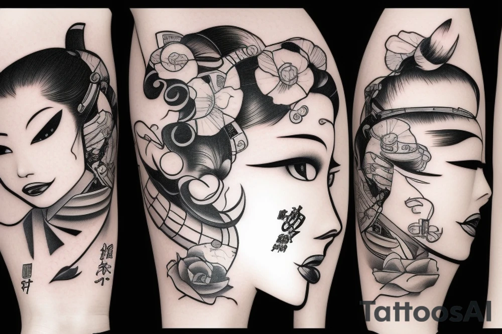 robotic geisha woman's face, quarter profile view tattoo idea