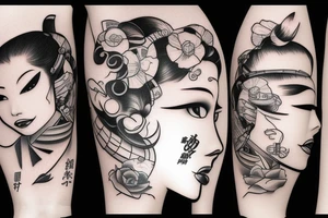 robotic geisha woman's face, quarter profile view tattoo idea
