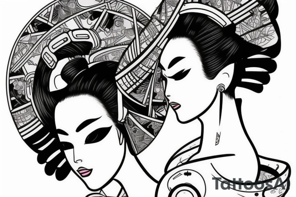 robotic geisha woman's face, quarter profile view tattoo idea