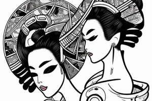 robotic geisha woman's face, quarter profile view tattoo idea