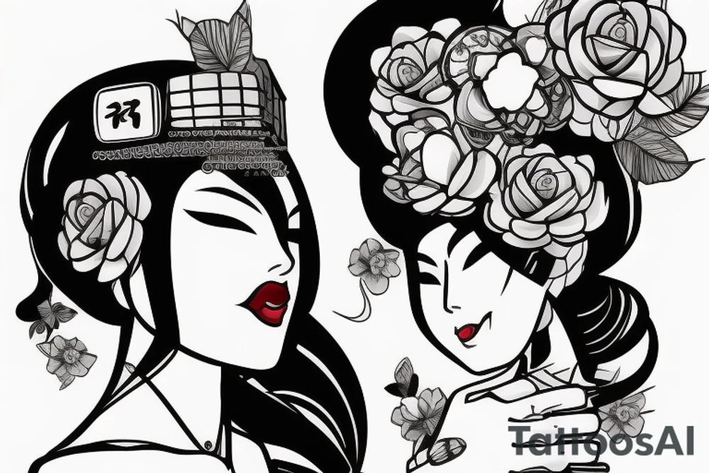robotic geisha woman's face, quarter profile view tattoo idea