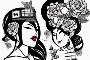 robotic geisha woman's face, quarter profile view tattoo idea