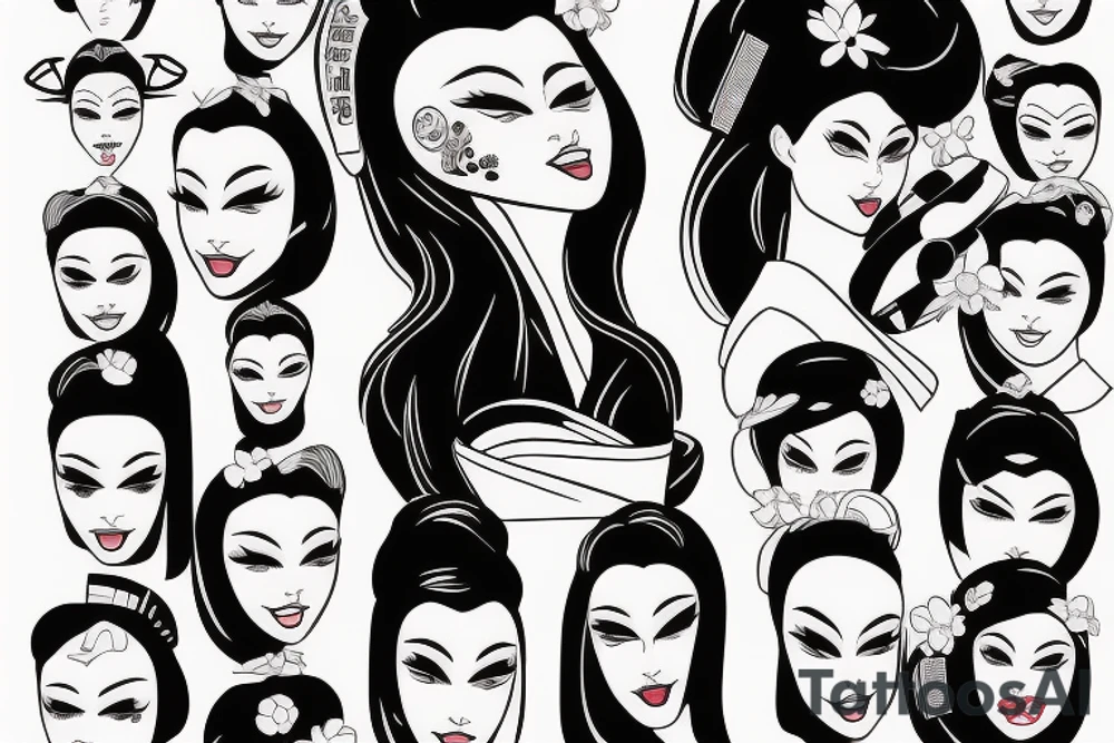 robotic geisha woman's face, quarter profile view tattoo idea