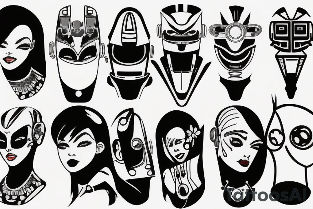 robot woman's face, quarter profile view tattoo idea