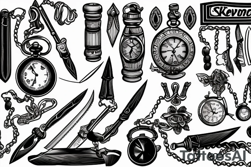 Knife with Shake and pocket Watch tattoo idea Knife with Shake and pocket Watch tattoo idea