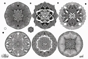flowers, mandala, geometrical pattern and a moon tattoo idea