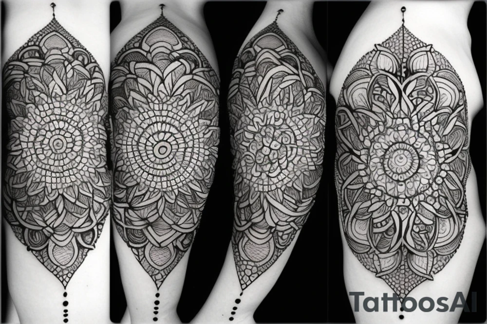 flowers, mandala, geometrical pattern and a moon tattoo idea