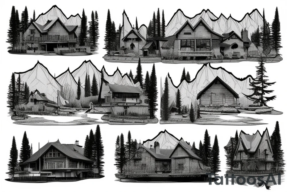 house on the lake and the outskirts of the forest in the mountains with animals on the edge tattoo idea