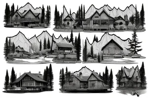 house on the lake and the outskirts of the forest in the mountains with animals on the edge tattoo idea