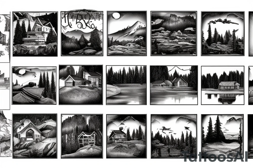 house on the lake and the outskirts of the forest in the mountains with animals on the edge tattoo idea