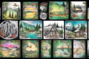 house on the lake and the outskirts of the forest in the mountains with animals on the edge tattoo idea